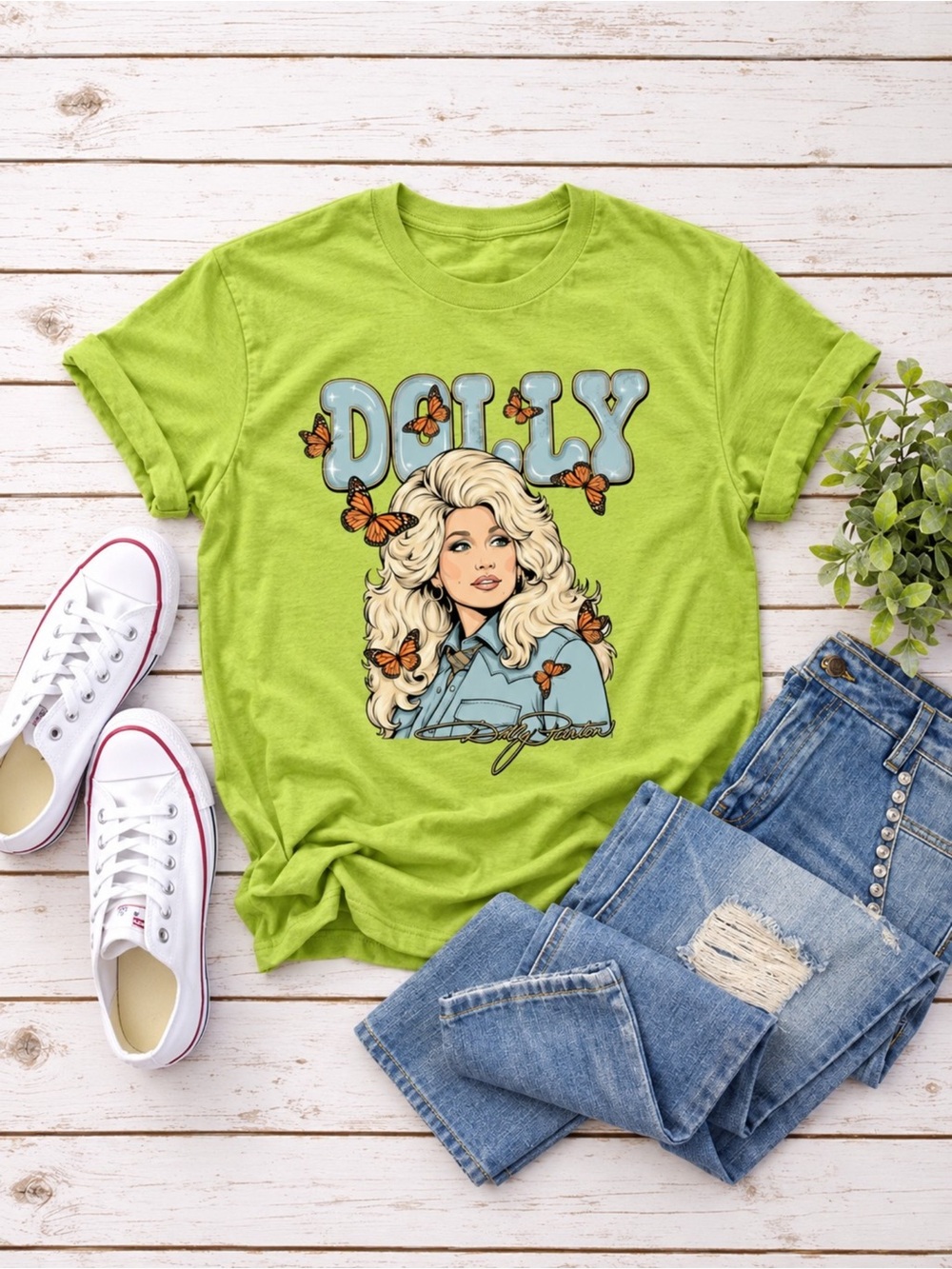 Dolly Parton Butterfly Graphic T-Shirt Kiwi Green Unisex